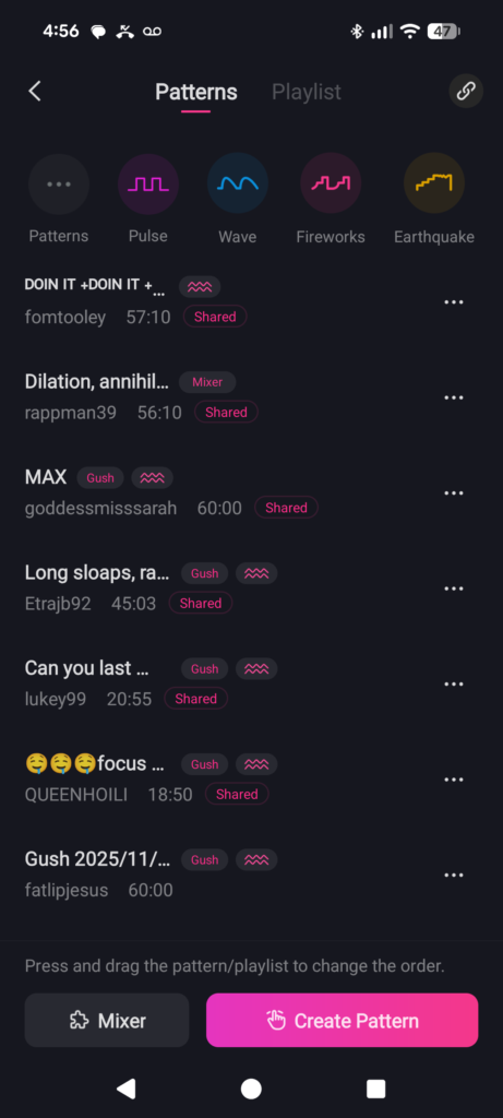 Lovense Remote patterns screen showing user-made patterns you can choose