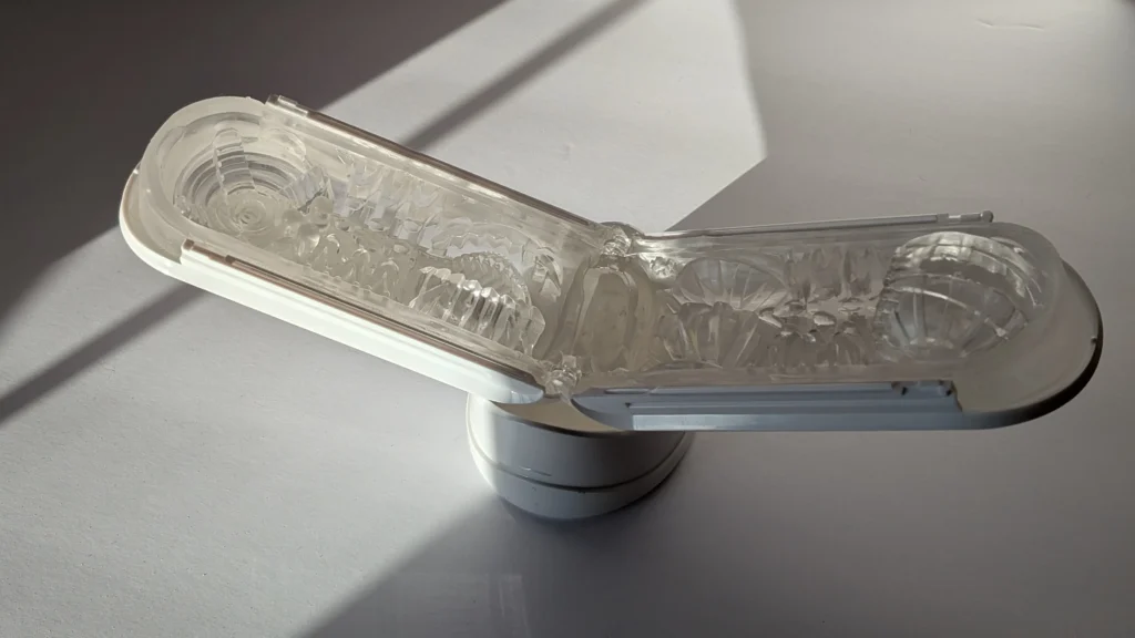 Tenga Flip Zero opened up, close-up of the internal texture inside the clear sleeve