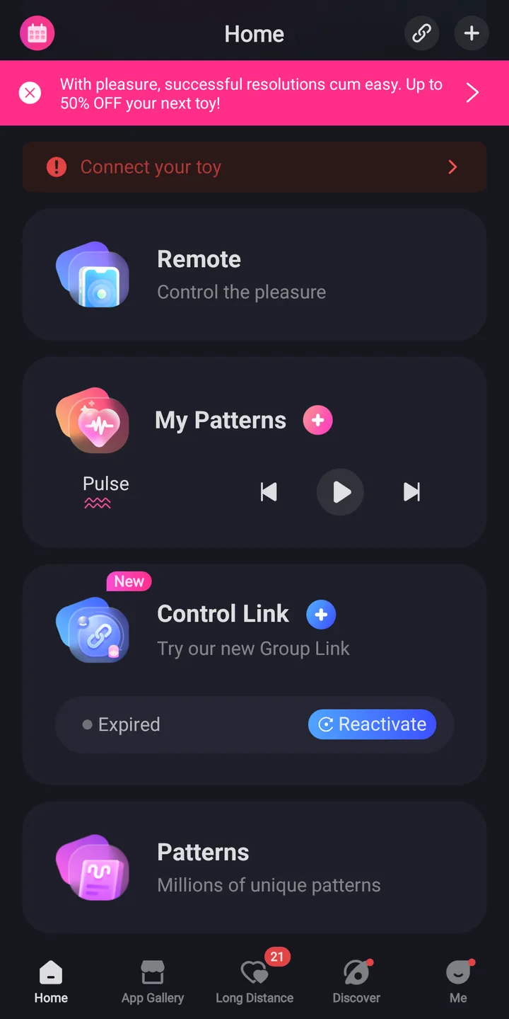 Lovense Remote app home screen showing Remote, My Patterns, Control Link and the Patterns library